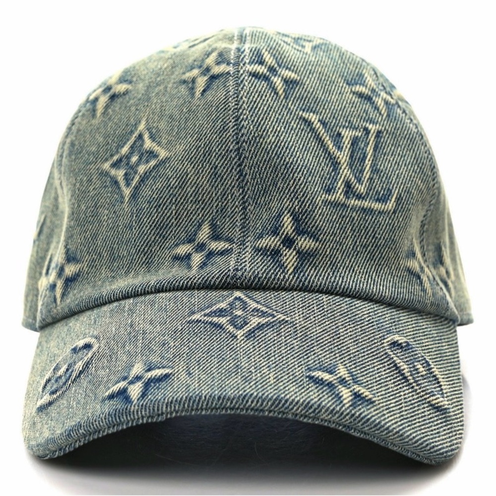 Monogram Denim Embossed Baseball Cap Hat Stiff Logo Canvas Leather Back Strap - Picture 4 of 10
